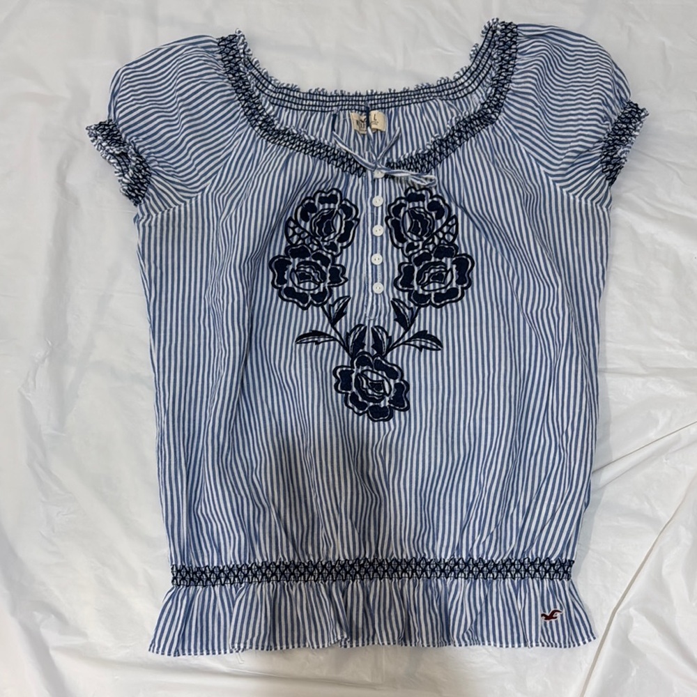 Hollister Blue Striped Women's Top with Floral Embroidery